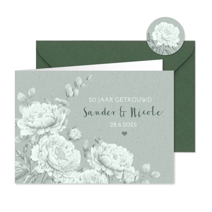 Jubileumkaart pioenrozen en eucalyptus - Kaartimpressie