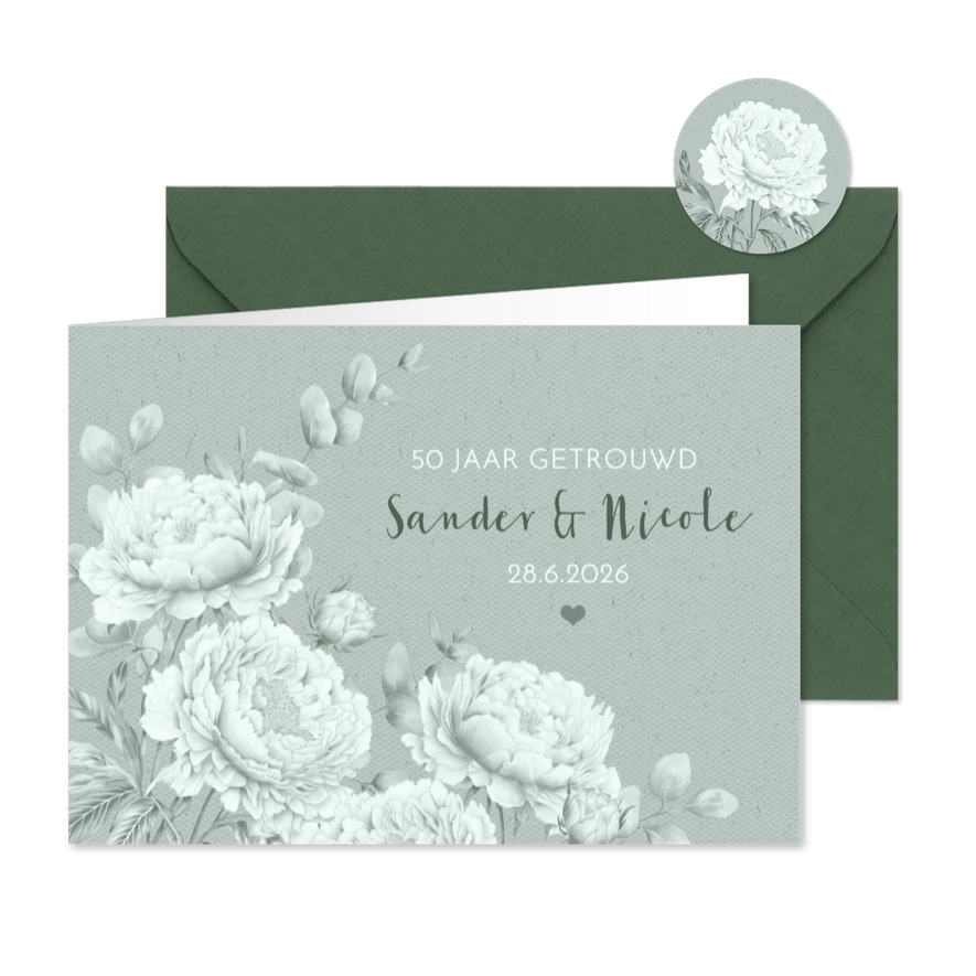 Jubileumkaart pioenrozen en eucalyptus - Kaartimpressie