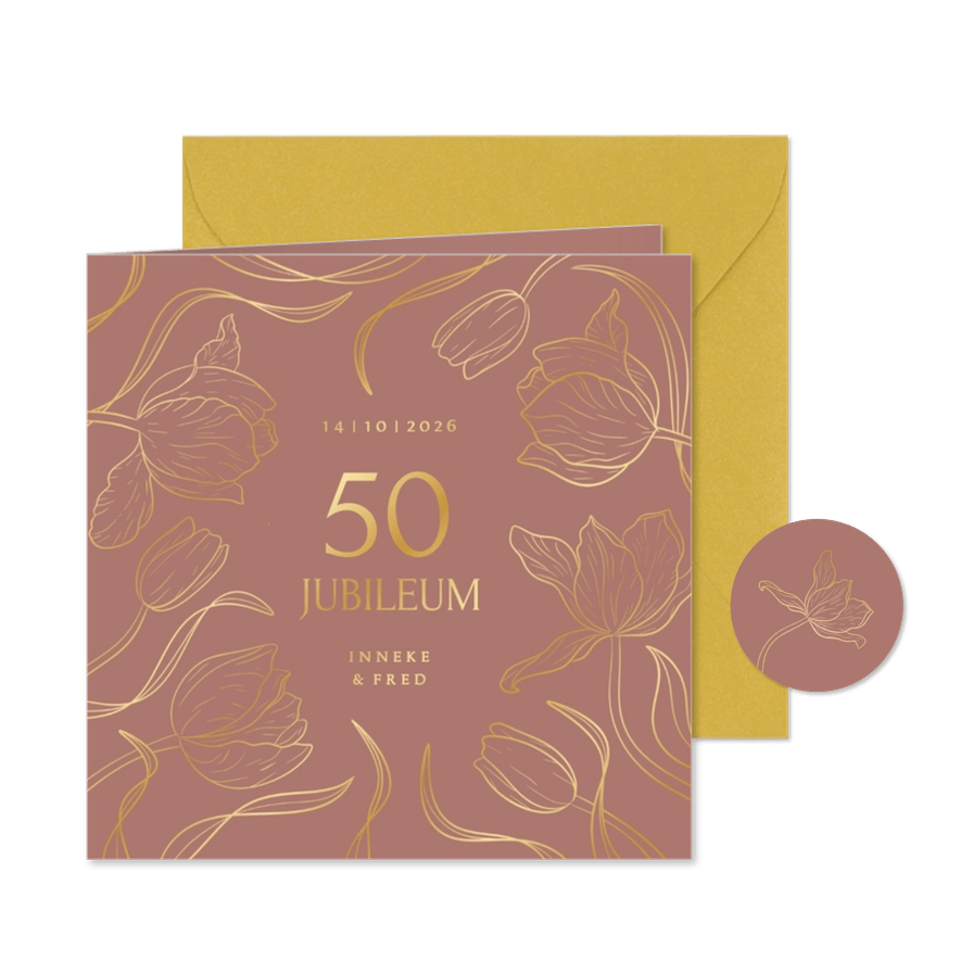 Jubileumkaart roest bruin met vintage tulpen goudfolie - Kaartimpressie