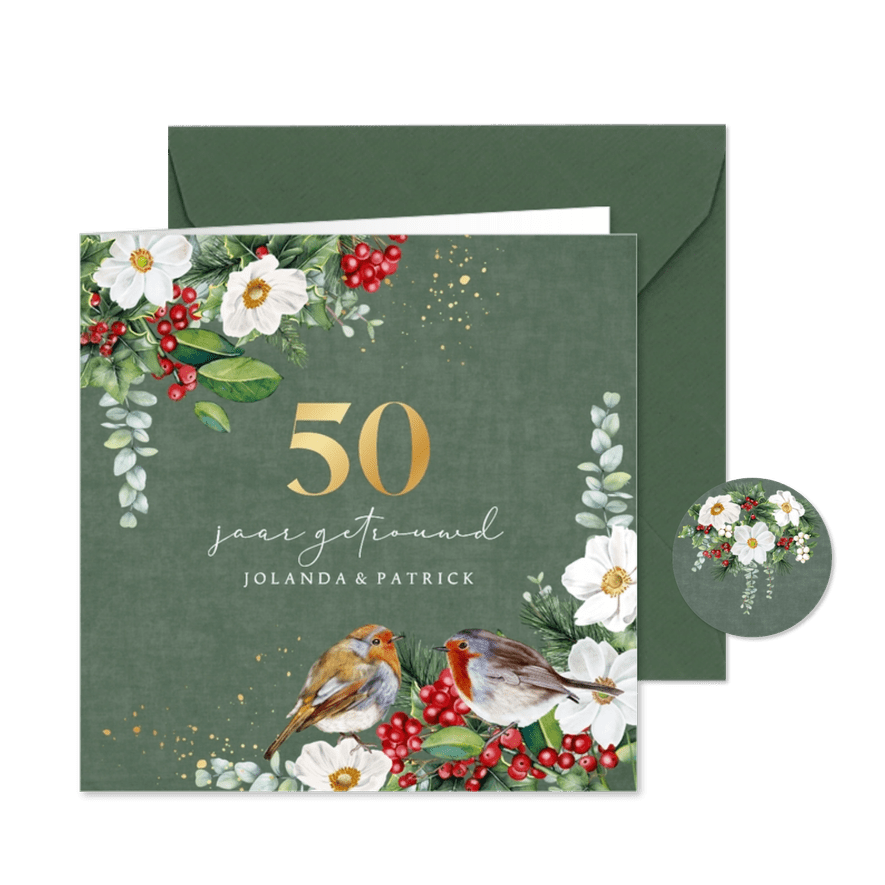 Jubileumkaart roodborstje botanische bloemen en takken - Kaartimpressie