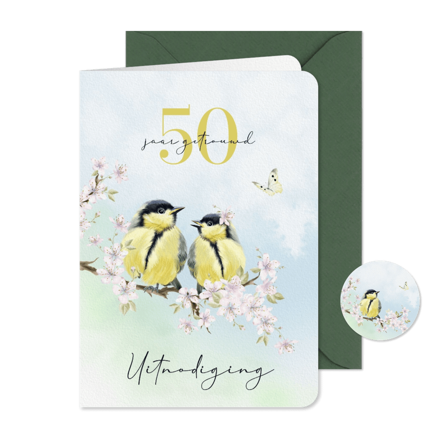 Jubileumkaart roze bloesem met vogels en vlinder - Kaartimpressie