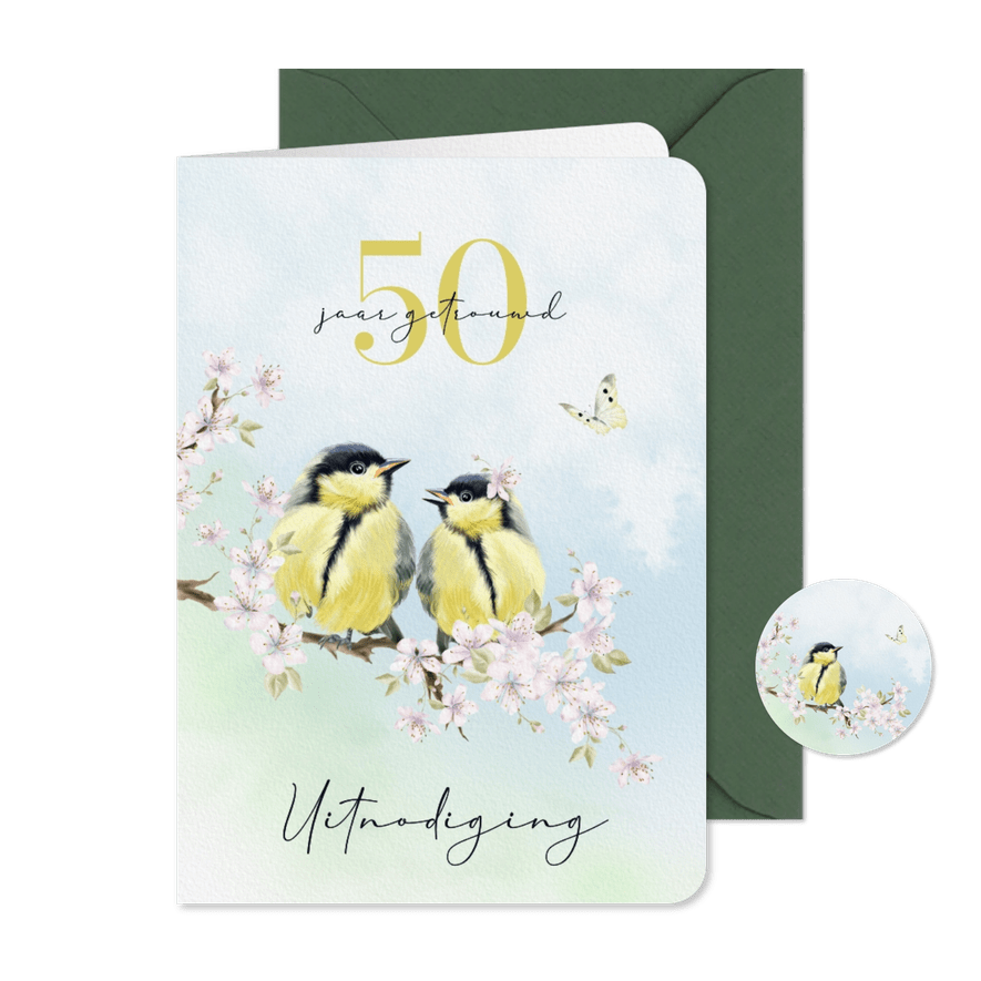 Jubileumkaart roze bloesem met vogels en vlinder - Kaartimpressie