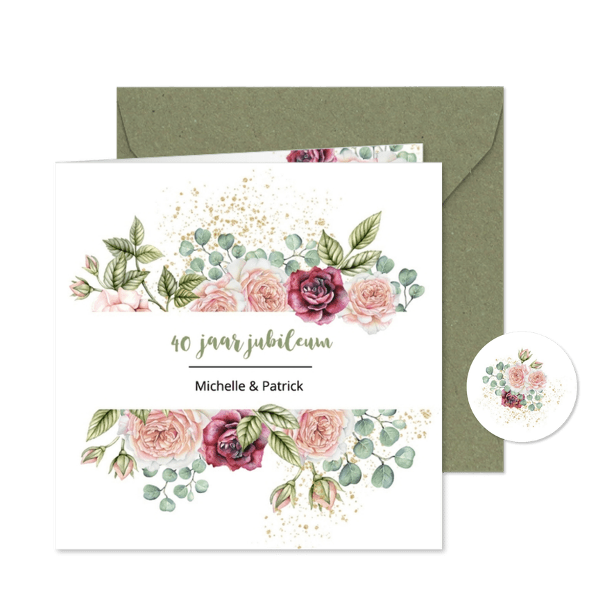 Jubileumkaart rozen eucalyptusblad - Kaartimpressie