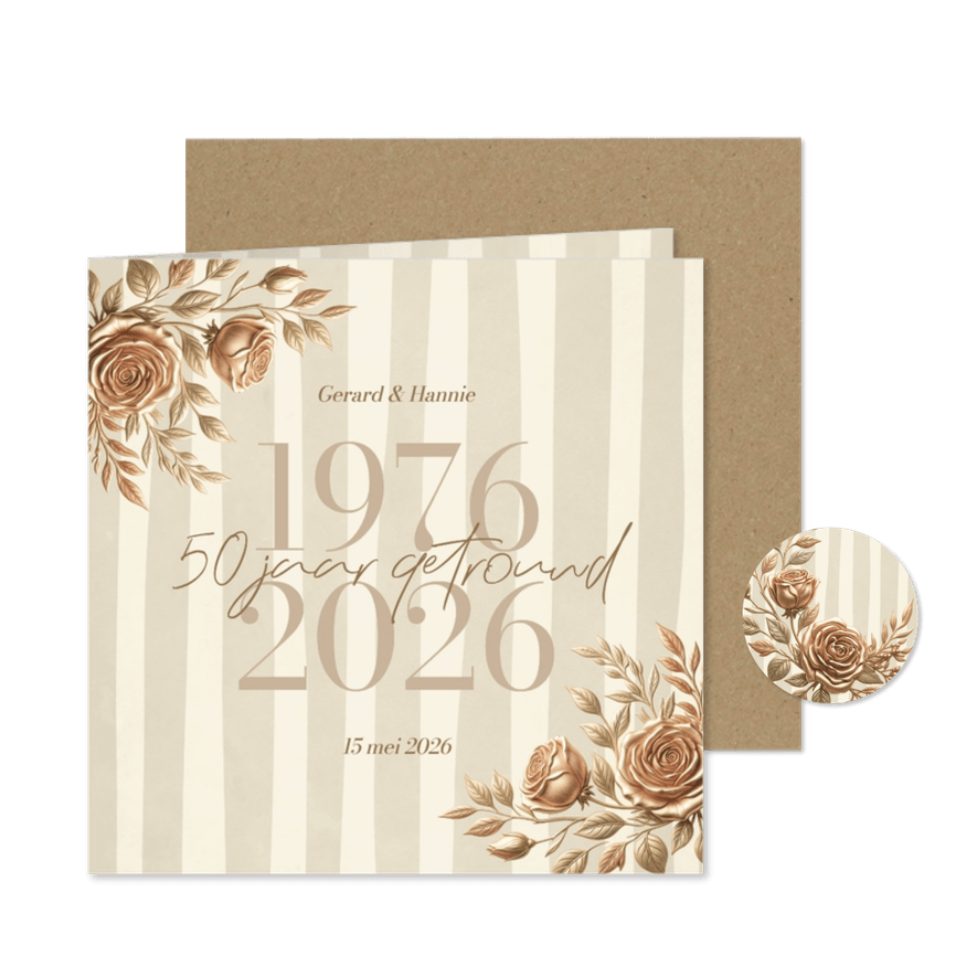 Jubileumkaart stijlvol jaartallen met bloemen en strepen - Kaartimpressie