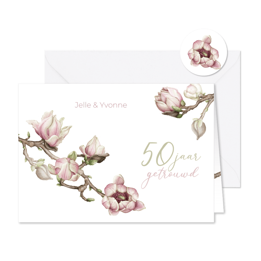 Jubileumkaart trouwen met magnolia bloementak - Kaartimpressie
