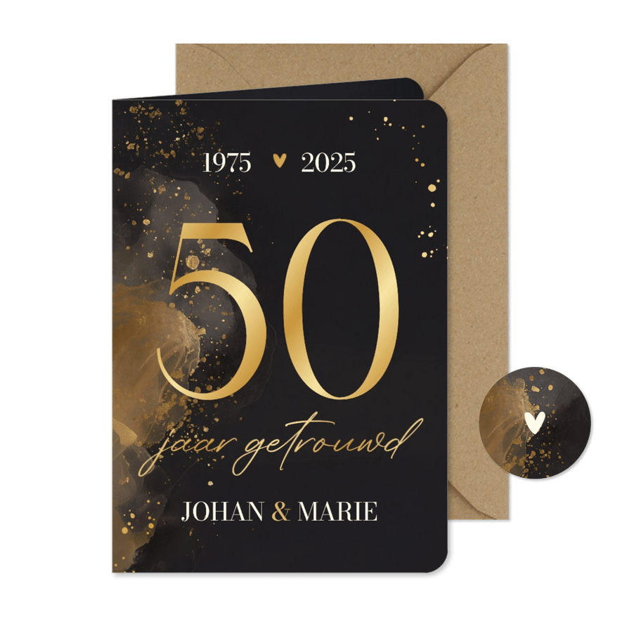 Jubileumkaart uitnodiging 50 jaar getrouwd goud waterverf - Kaartimpressie