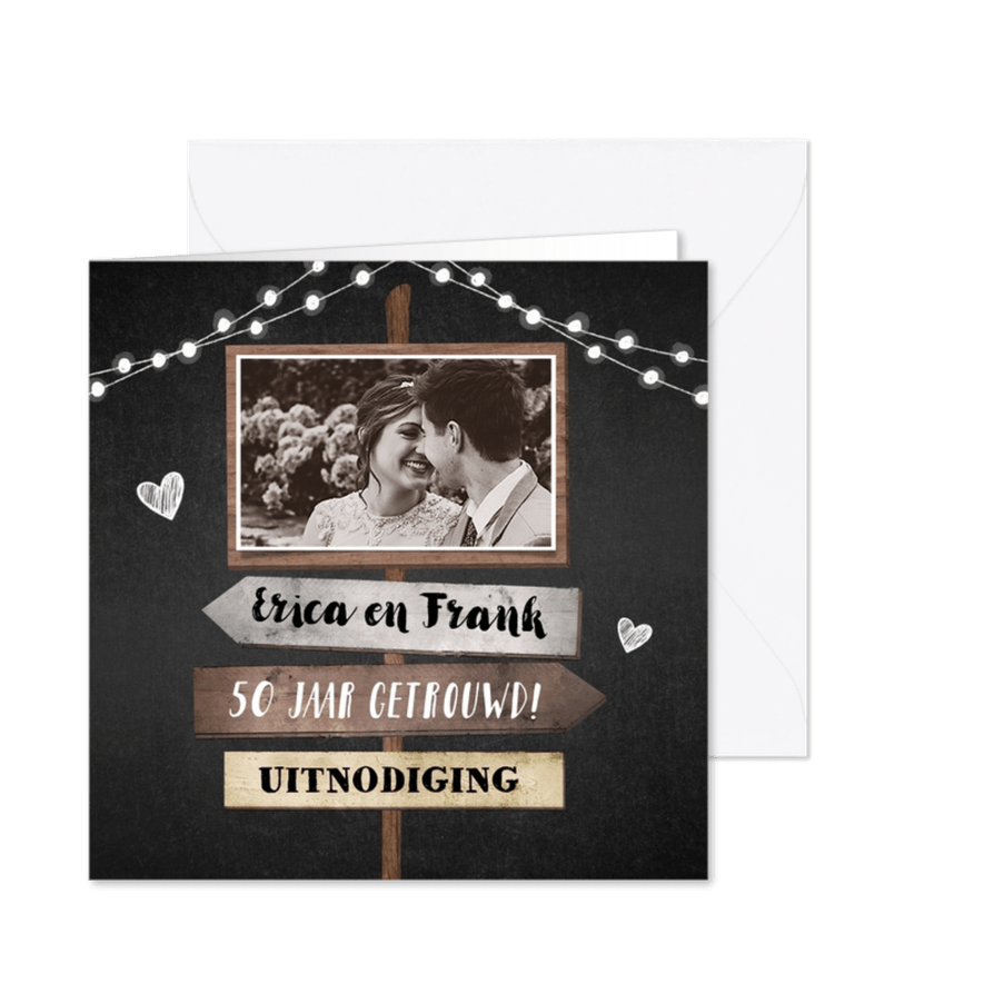 Jubileumkaart uitnodiging hip met wegwijzers en eigen foto - Kaartimpressie