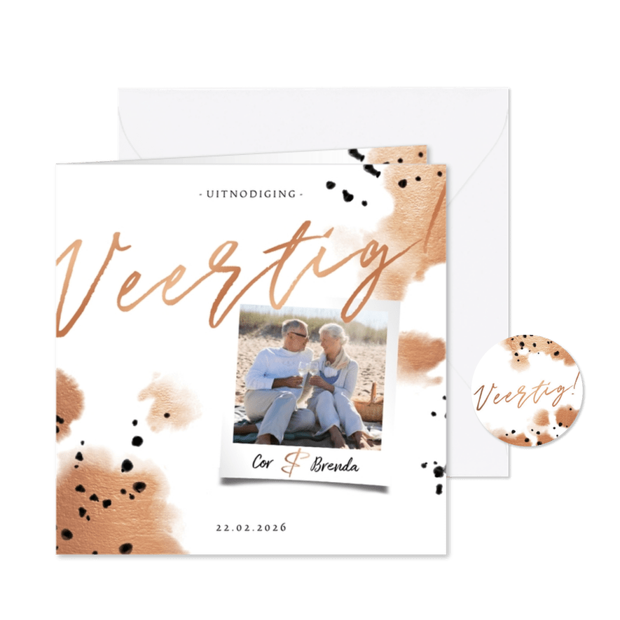 Jubileumkaart 'veertig' met foto en koper waterverf - Kaartimpressie