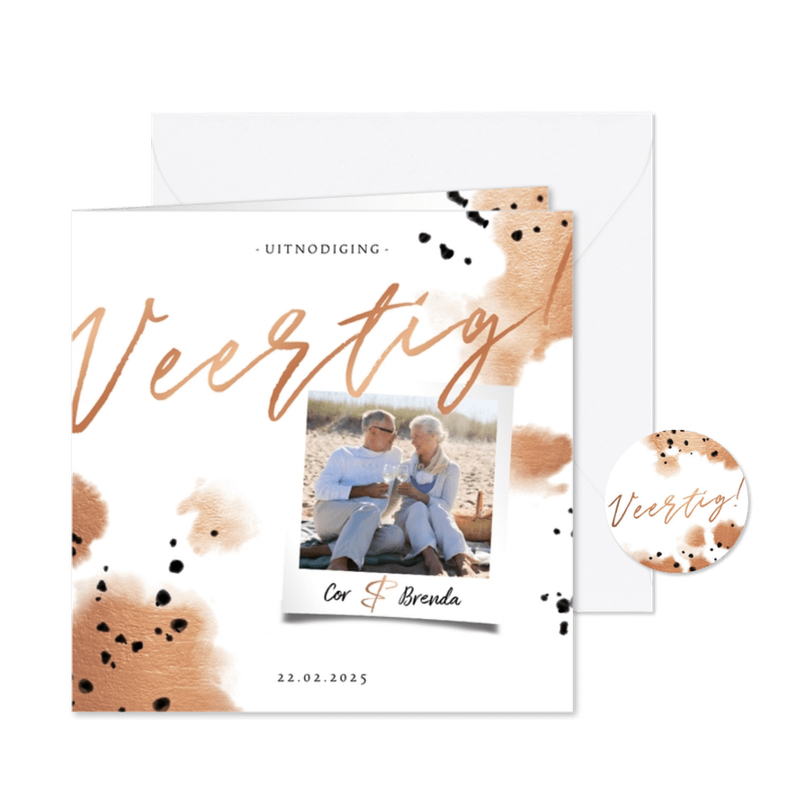 Jubileumkaart 'veertig' met foto en koper waterverf - Kaartimpressie