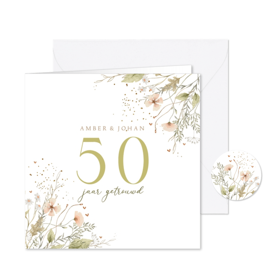 Jubileumkaart veldbloemen met glitterlook - Kaartimpressie