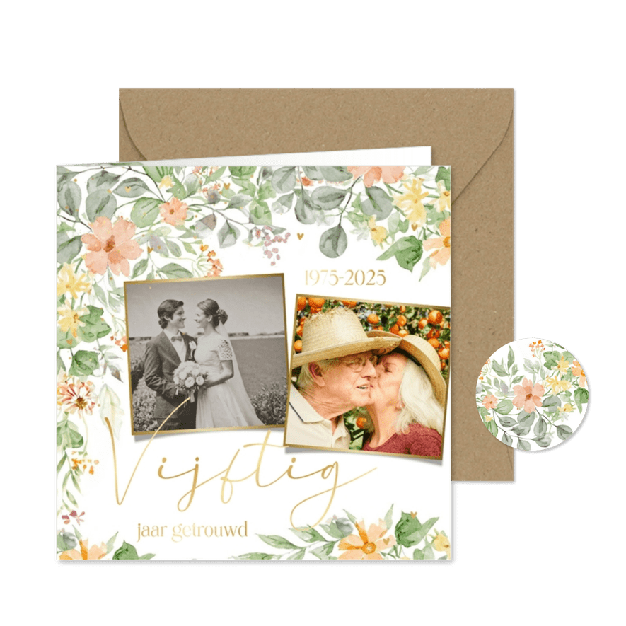 Jubileumkaart vijftig jaar getrouwd bloemenkader met foto's - Kaartimpressie