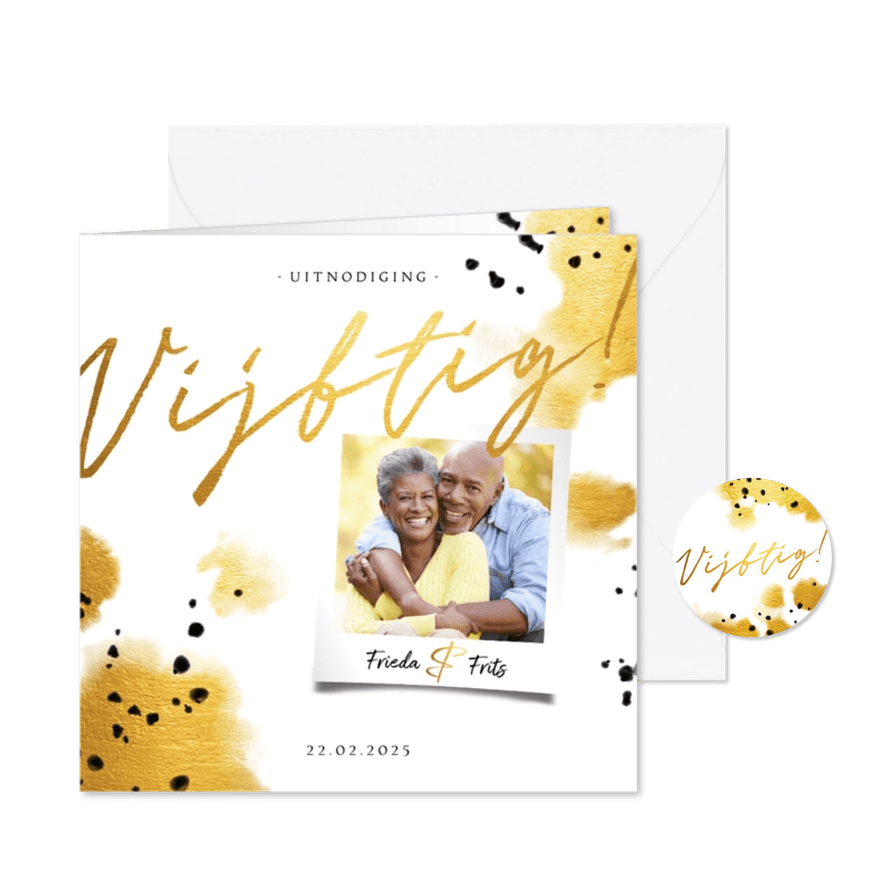 Jubileumkaart 'vijftig' met foto en gouden waterverf - Kaartimpressie