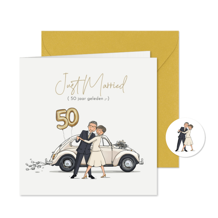 Jubileumkaart volkswagen kever met echtpaar en ballonnen - Kaartimpressie