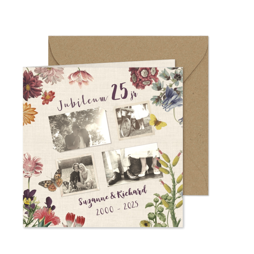 Jubileumkaart voor huwelijk met vintage bloemen  - Kaartimpressie