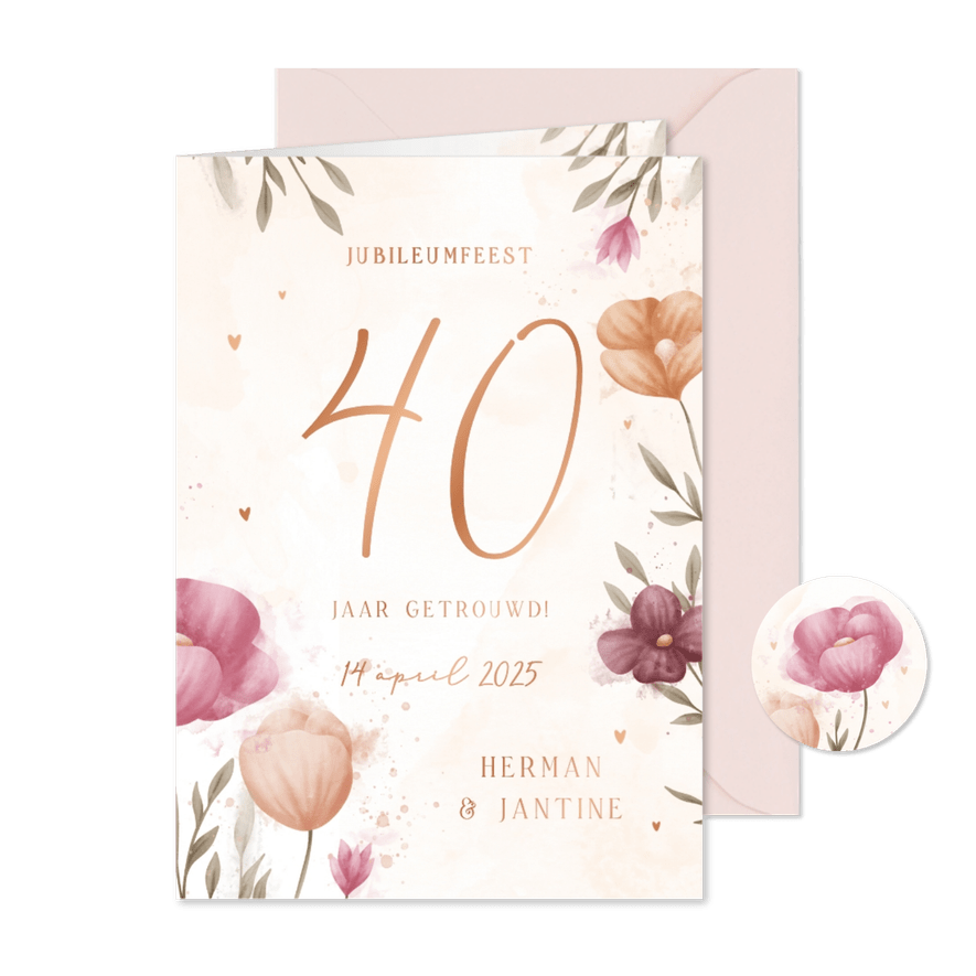 Jubileumkaart waterverf bloemen met koperen hartjes - Kaartimpressie