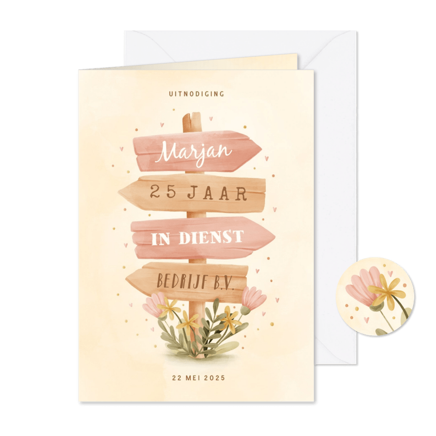 Jubileumkaart wegwijzer met bloemen 25 jaar aanpasbaar - Kaartimpressie