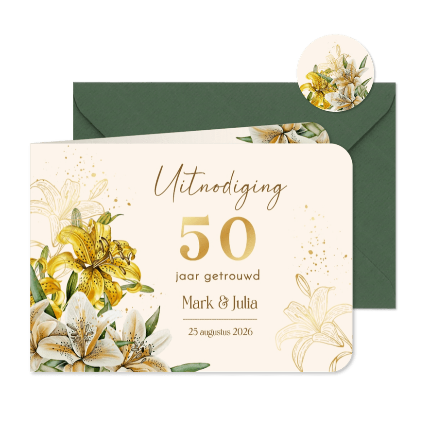 Jubileumkaart witte en gele lelies goudfolie - Kaartimpressie