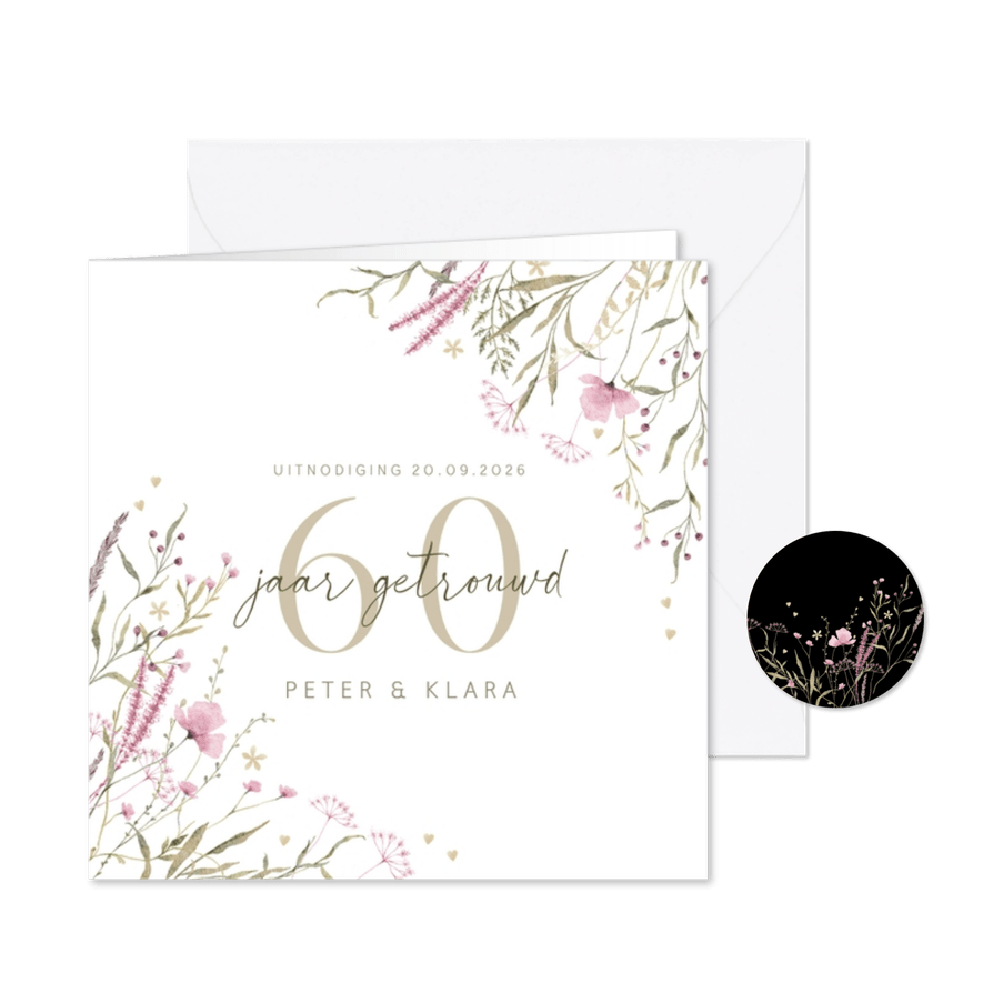 Jubileumkaart zachtkleurige veldbloemen  - Kaartimpressie