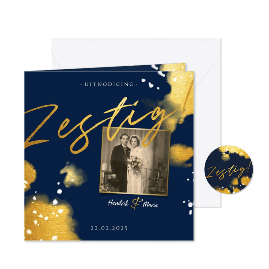 Jubileumkaart 'zestig' met foto en gouden waterverf - Kaartimpressie
