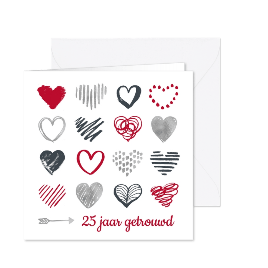 Jubileumkaart zilver hartjes - Kaartimpressie