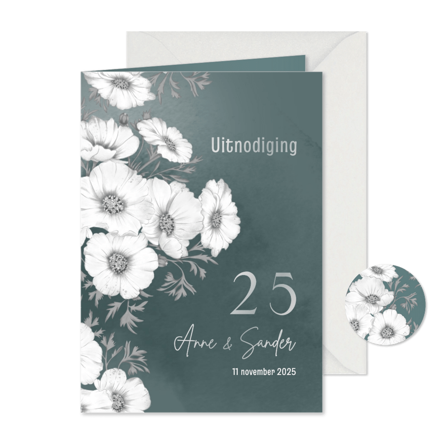 Jubileumkaart zilveren huwelijk witte Cosmea - Kaartimpressie