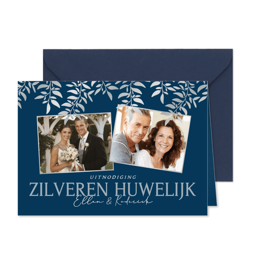 Jubileumkaarten donkerblauw met foto's en zilveren takjes - Kaartimpressie