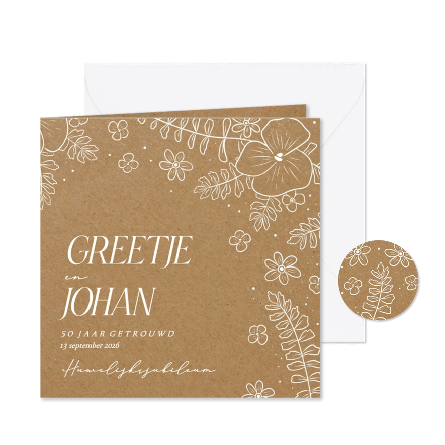 Jubileumkaarten kraftpapier met witte bloemen - Kaartimpressie