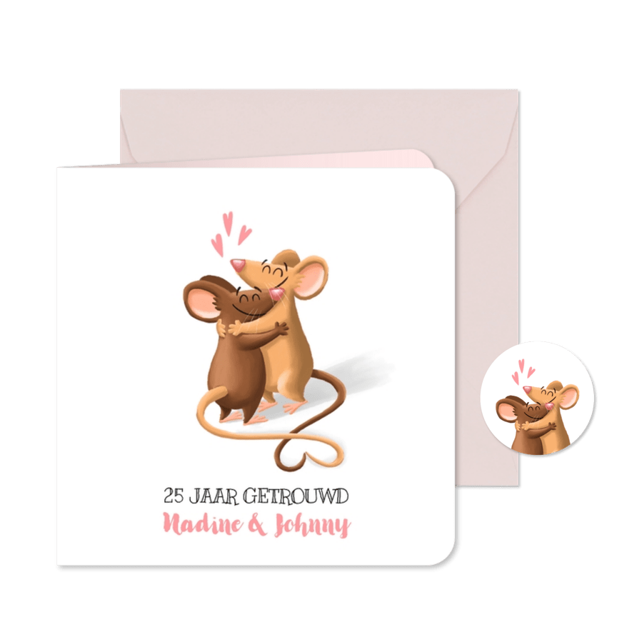 Jubileumkaartje van 2 schattige muizen die elkaar omhelzen! - Kaartimpressie