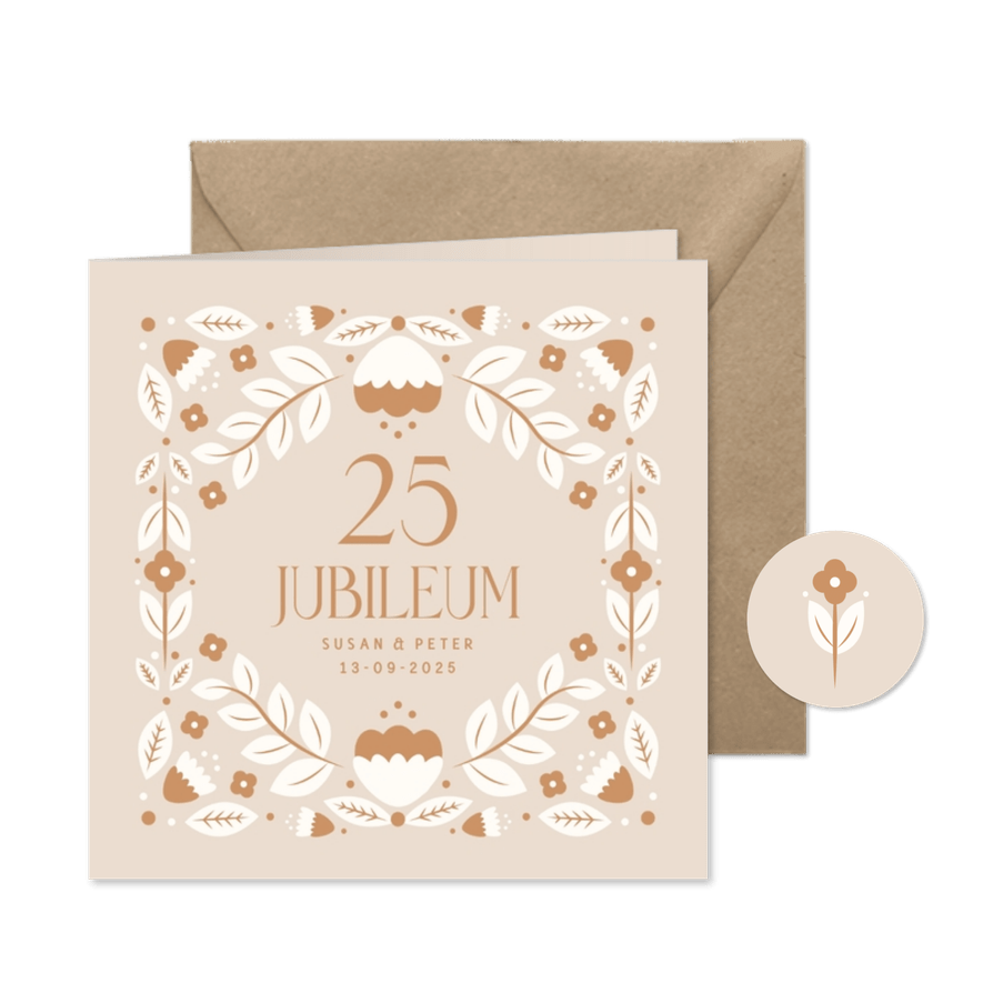 Jubileumkaartjes in beige met bloemen kader - Kaartimpressie