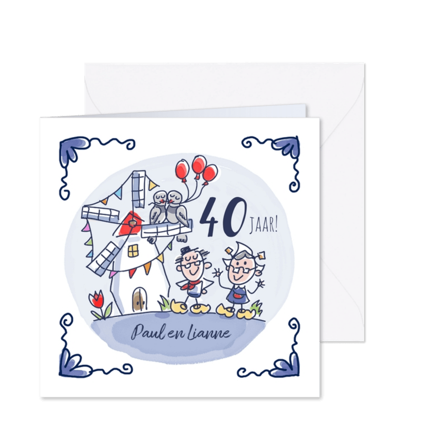 Jublieumkaart Hollandse molen met stel en duiven - Kaartimpressie