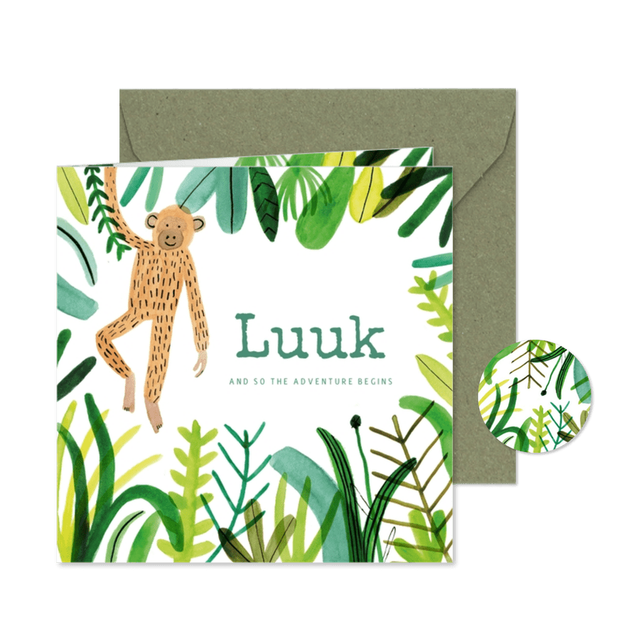 Jungle geboortekaartje aap en bladeren groen jongen - Kaartimpressie