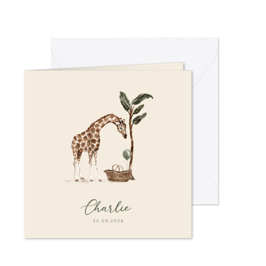 Jungle geboortekaartje giraf mandje met groene ballon - Kaartimpressie