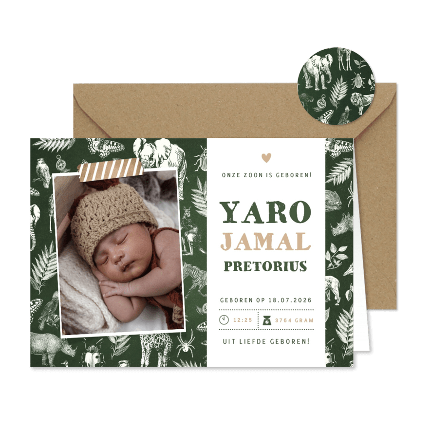 Jungle geboortekaartje jongen met dieren en een eigen foto - Kaartimpressie