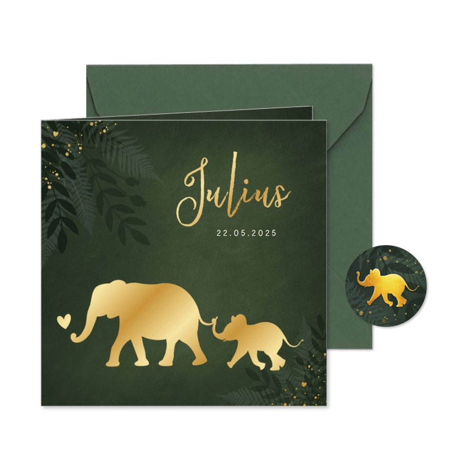 Jungle geboortekaartje jongen met gouden silhouet olifant - Kaartimpressie