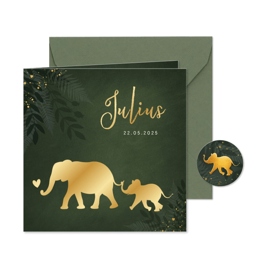 Jungle geboortekaartje jongen met gouden silhouet olifant - Kaartimpressie