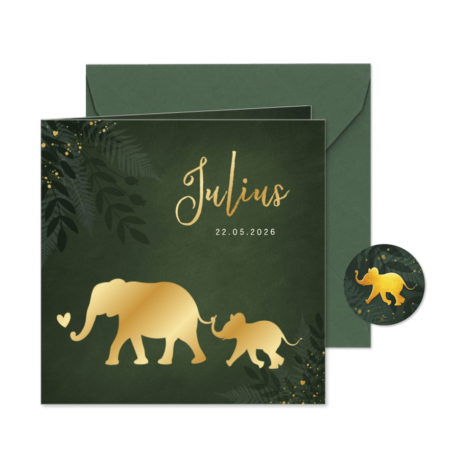 Jungle geboortekaartje jongen met gouden silhouet olifant - Kaartimpressie
