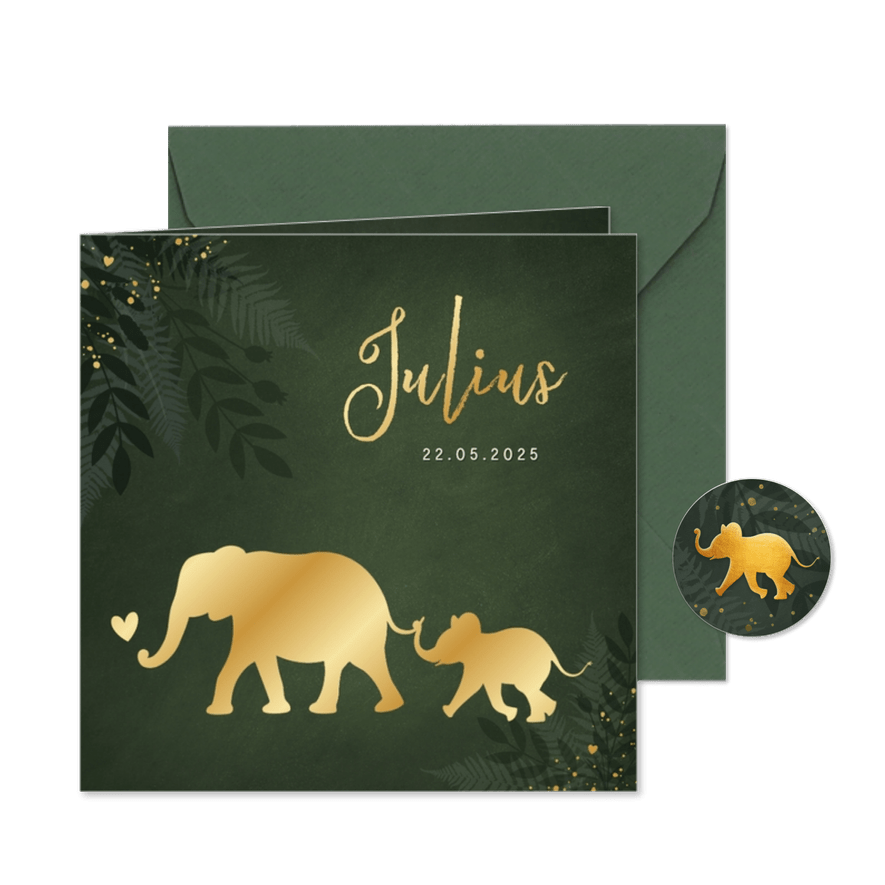 Jungle geboortekaartje jongen met gouden silhouet olifant - Kaartimpressie