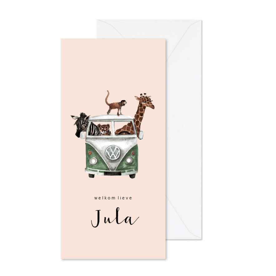 Jungle geboortekaartje met een busje vol dieren - Kaartimpressie