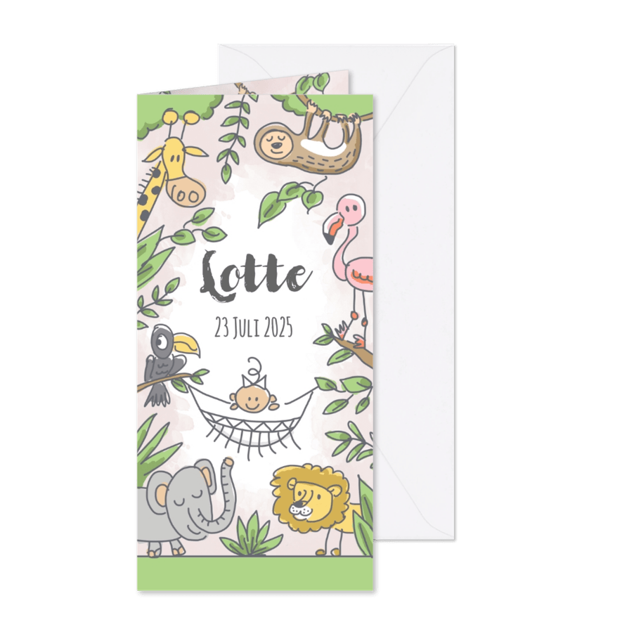 Jungle geboortekaartje met meisje in hangmat en wilde dieren - Kaartimpressie