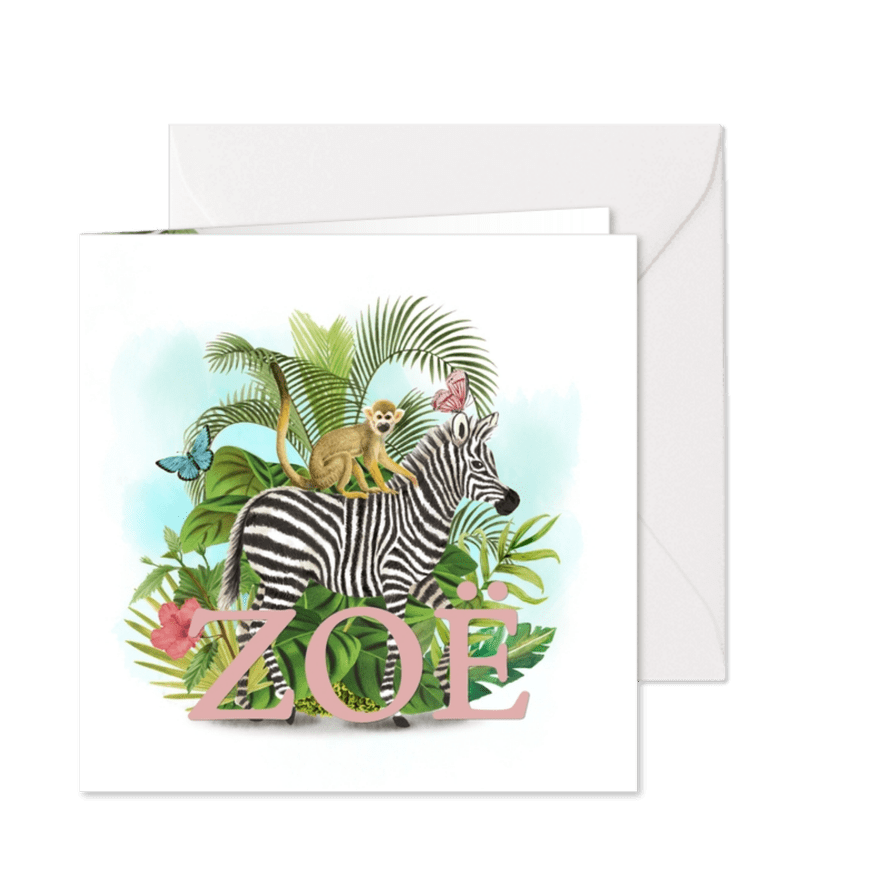 Jungle geboortekaartje met zebra en aapje en vlinders - Kaartimpressie