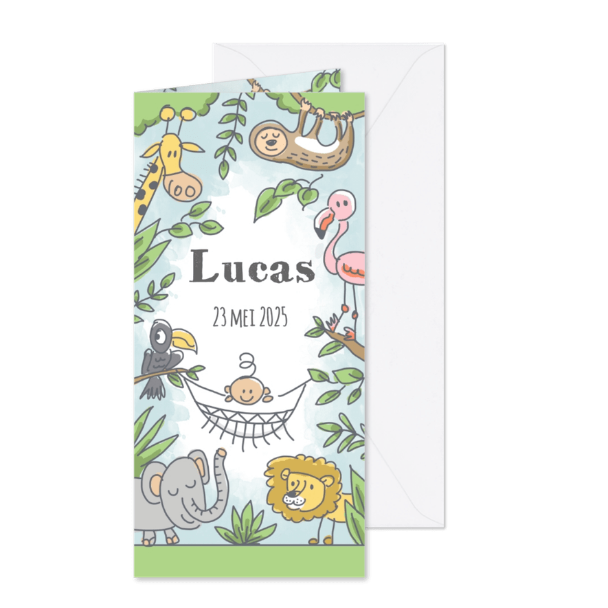 Junglekaartje met baby in hangmat en wilde dieren - Kaartimpressie