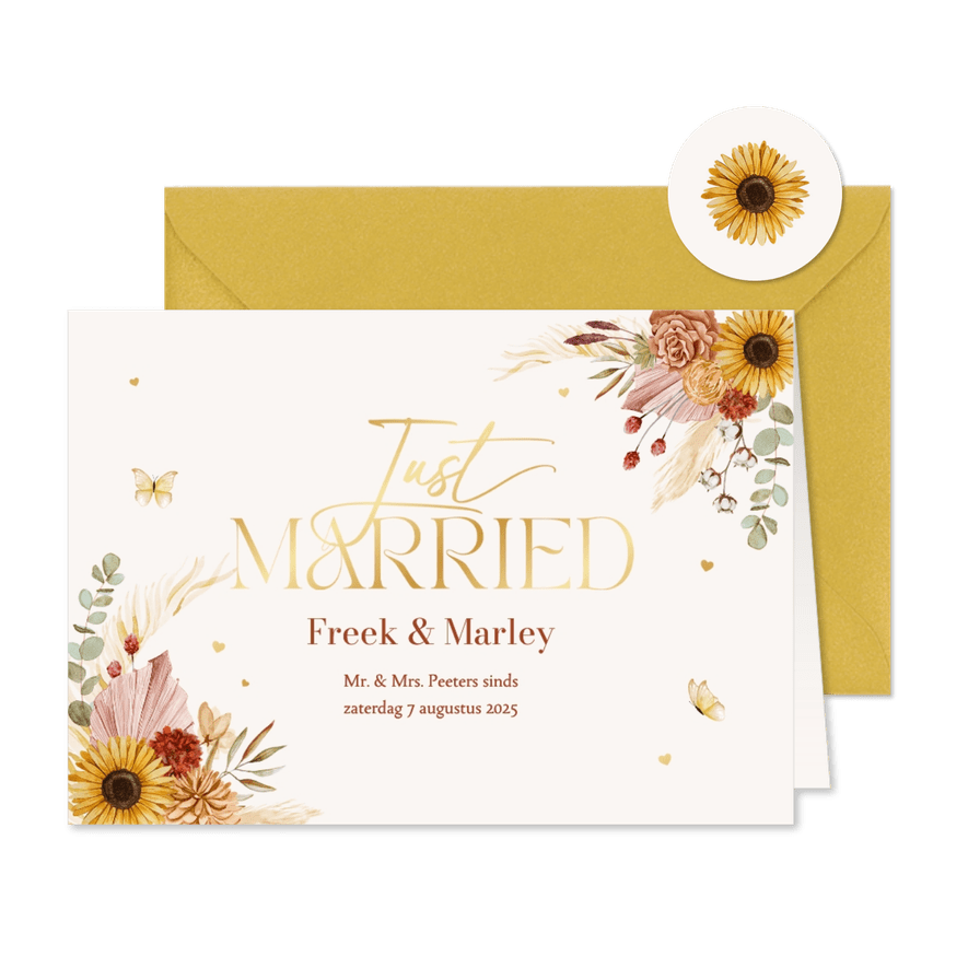 Just married trouwkaart botanisch bloemen vlinder romantisch - Kaartimpressie