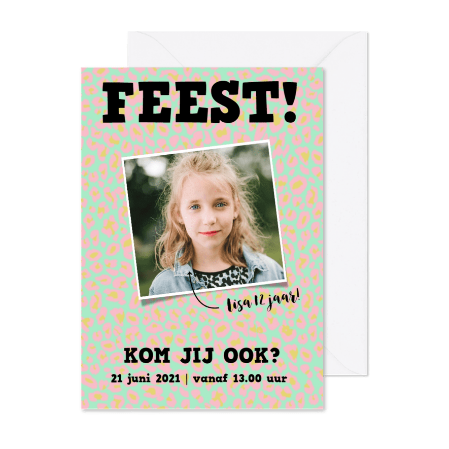 Kaart kinderfeestje met coole panterprint - Kaartimpressie
