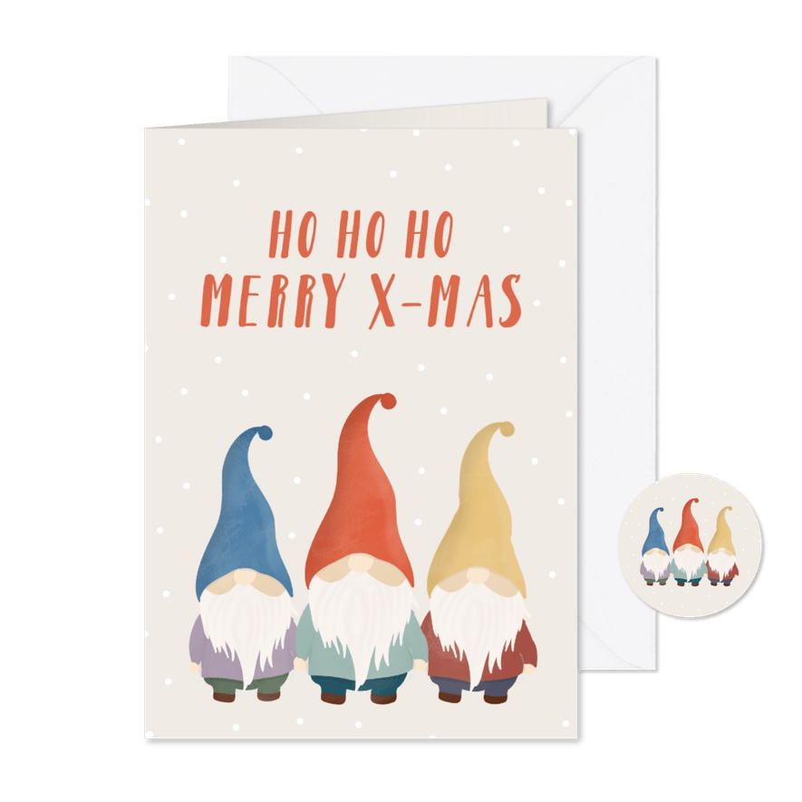 Kaart met kerstkabouters ho ho ho merry x-mas - Kaartimpressie