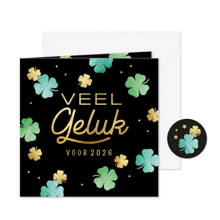 Kaart nieuwjaarswensen 'Veel geluk' met klavertjes - Kaartimpressie