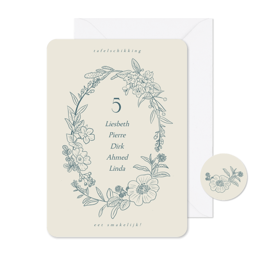 Kaartje met tafelschikking en klassieke bloemenkrans - Kaartimpressie