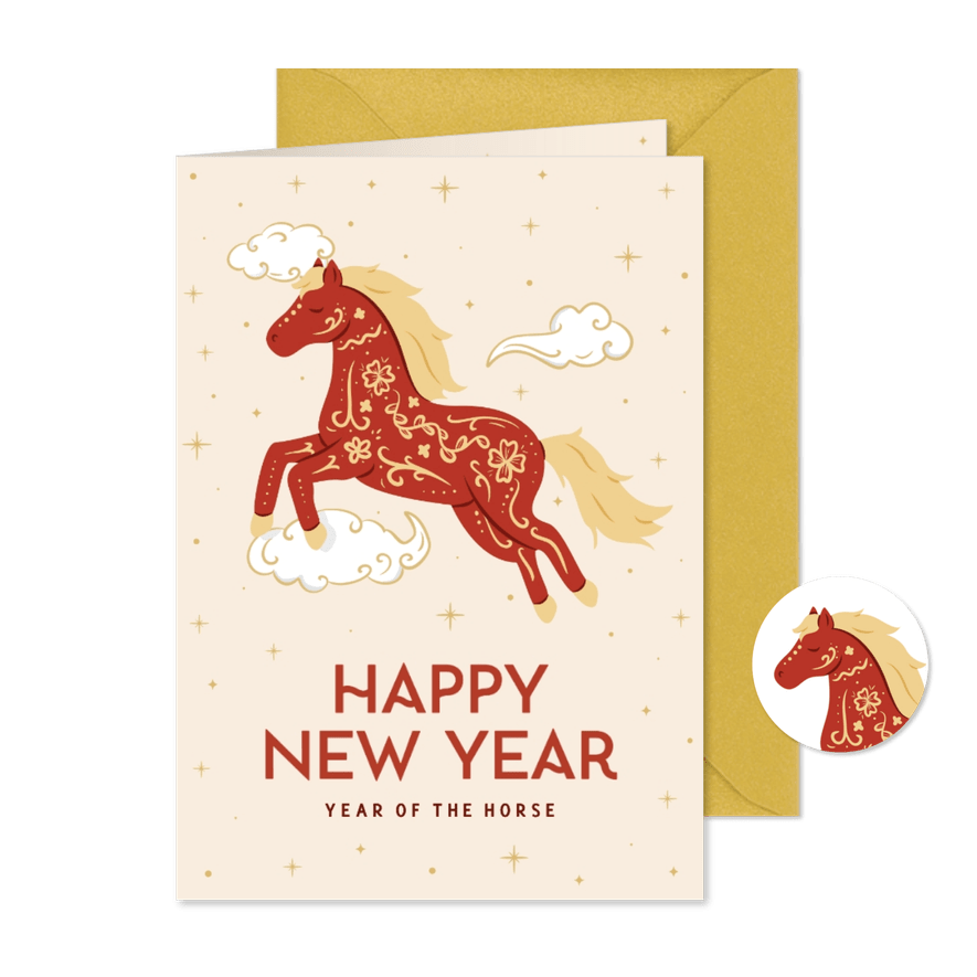 Kaartje voor Chinees nieuwjaar jaar van het paard geel - Kaartimpressie