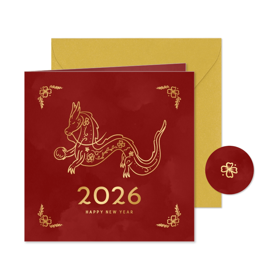 Kaartje voor Chinees nieuwjaar met draak in rood en goud - Kaartimpressie