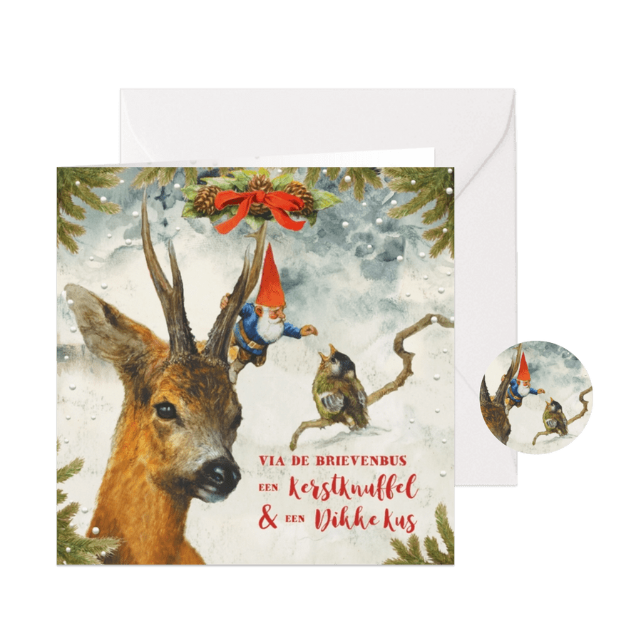 Kabouter kerstkaart met hert en vogel - Kaartimpressie