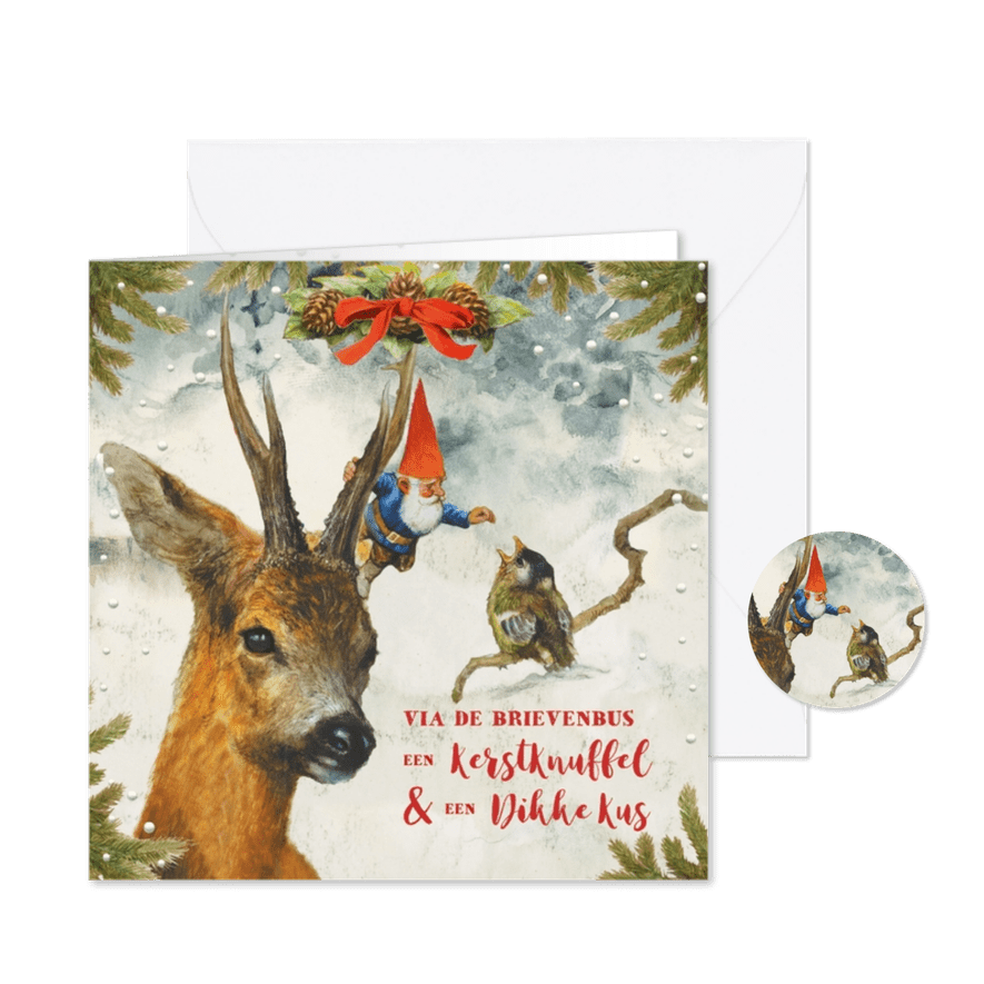 Kabouter kerstkaart met hert en vogel - Kaartimpressie